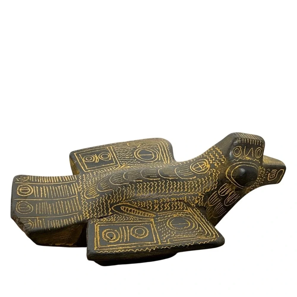 Vintage Cast‎ Stone Bird Figurine Etched Folk Tribal Boho Decor Sculpture